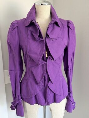 2010s BCBG Max Azria purple ruffle fitted trench jacket